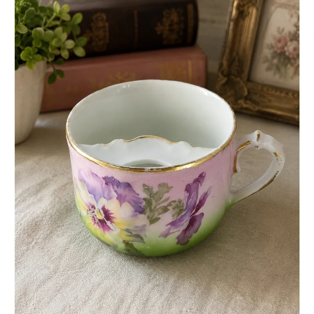 Antique Bavaria Hand Painted Mustache Cup Floral Porcelain Shaving Mug Gold Trim